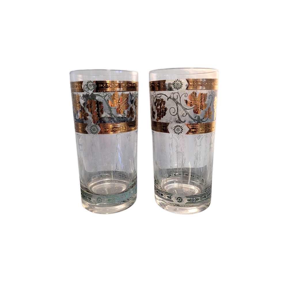 Vintage Highball Golden Grapes on White by Cera Glass Set of 2